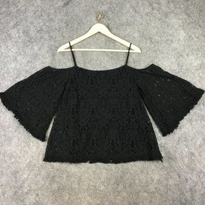 Bailey 44 Top S Cold Shoulder Flare Bell Sleeve Fringe Hem Black Lace Party Date
